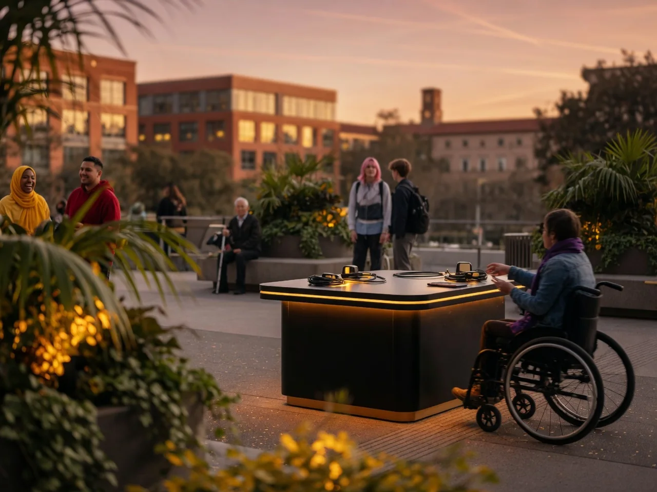 A diverse, accessible public plaza with charging infrastructure