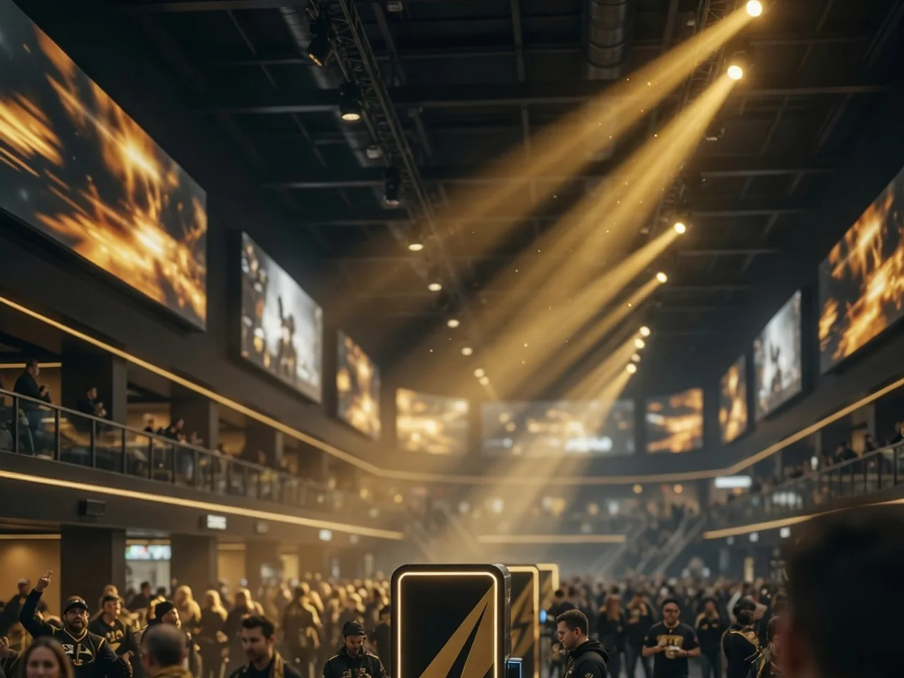 Public venue concourse with digital screens